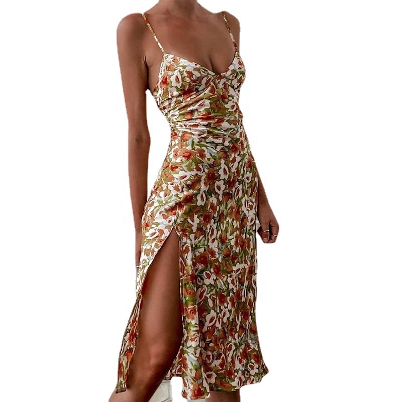 2021 womens dresses sexy floral split casual dress printed suspender dress
