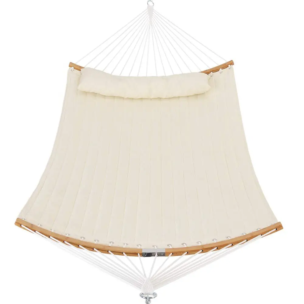 Double Hammock Swing Bed Quilted Fabric Hamacas Swing Hammocks with Strong Curved-Bar Bamboo and Detachable Pillow