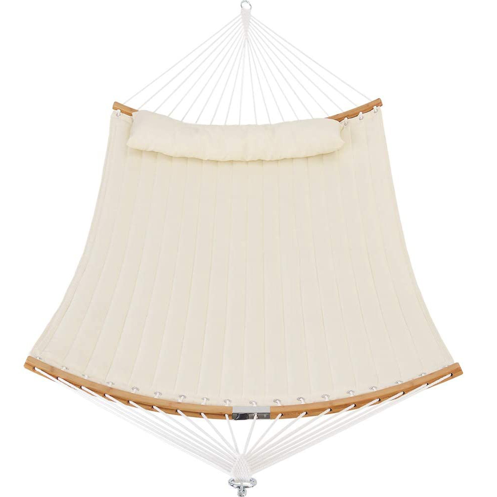 Double Hammock Swing Bed Quilted Fabric Hamacas Swing Hammocks with Strong Curved-Bar Bamboo and Detachable Pillow