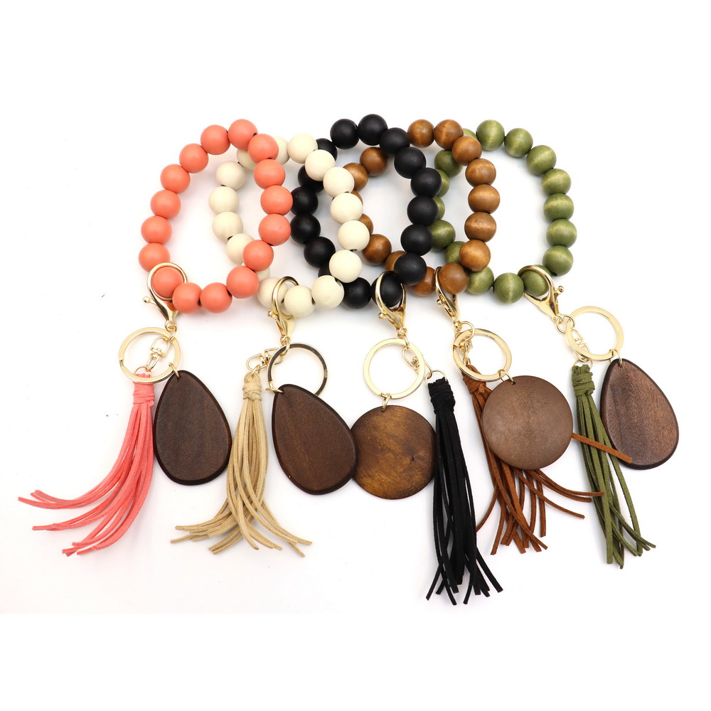 2021 Personalized Cheap Wood Elastic Beaded Bracelet Key Rings Wood Bead wristlet Keychains With Tassel