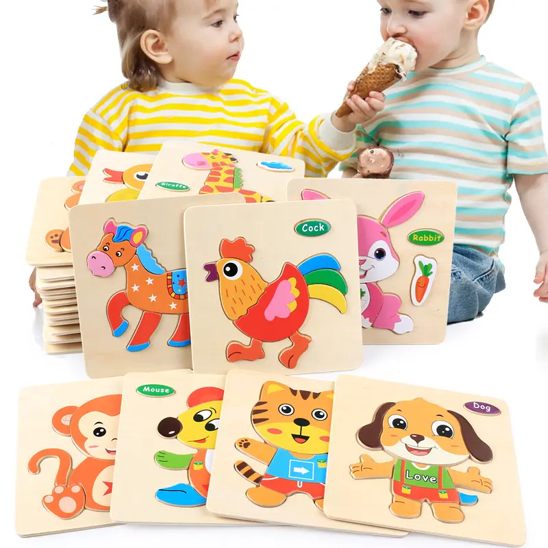 15X15CM Kids Wooden Puzzle Animal Toy Jigsaw Cartoon Traffic Tangram Toys Animal Wooden Puzzle 3D Puzzles for Kids Gifts