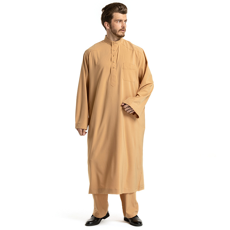 Jubba Button Up Thobe Thawb Stand-up Collar Men's Arab Solid Color Long-sleeved Robe Abaya
