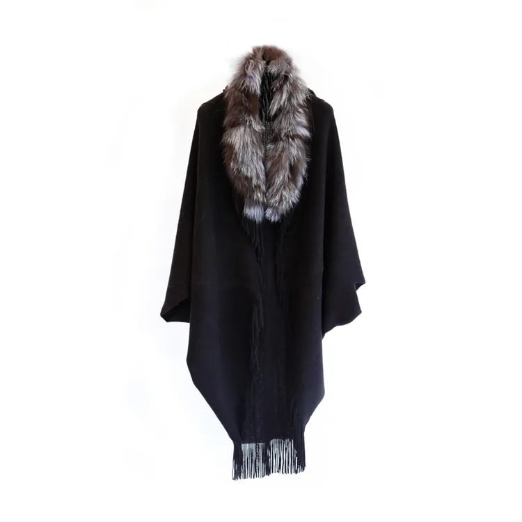 Top Sale Ladies Luxury Elegant Fox Fur Trim Black Shrug Cardigan For Women