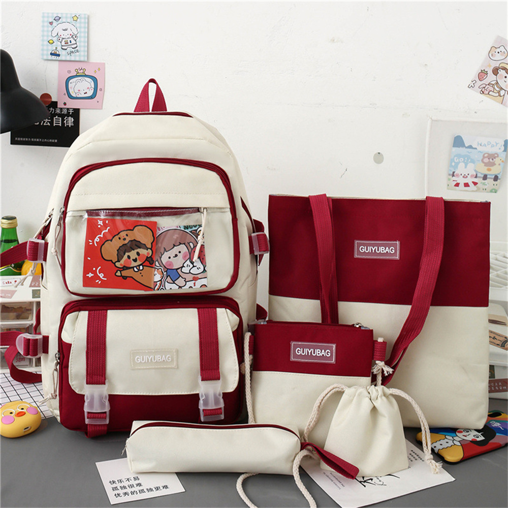 Amiqi 2021 New Arrival 4 in 1 Fashion Pink Canvas College Student School Laptop Book Bag with Lunch cooler Bag Pencil Cases