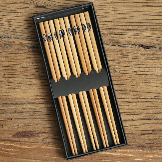 Chopsticks Set 5 Pairs With Pointed Oriental Portable Tableware Fish Pattern Bamboo Chopsticks