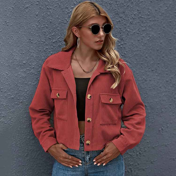 2021 Wholesale Button Front Patch Pocket Long Sleeve Crop Casual Jackets Jacket For Women Stylish