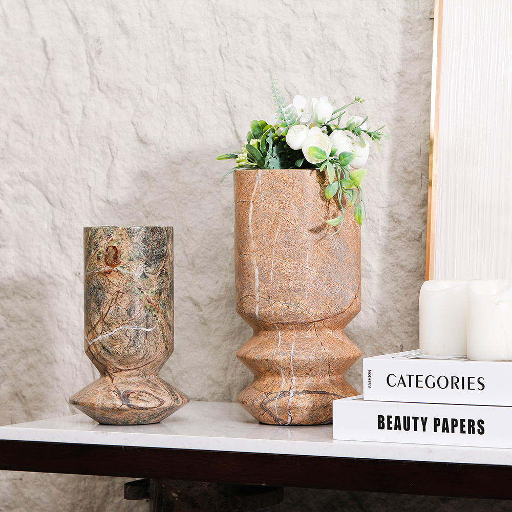 Nordic Style Creative Travertine Marble Stone Home Decorative Luxury Flower Vase 2 Pieces Set Flower Pot