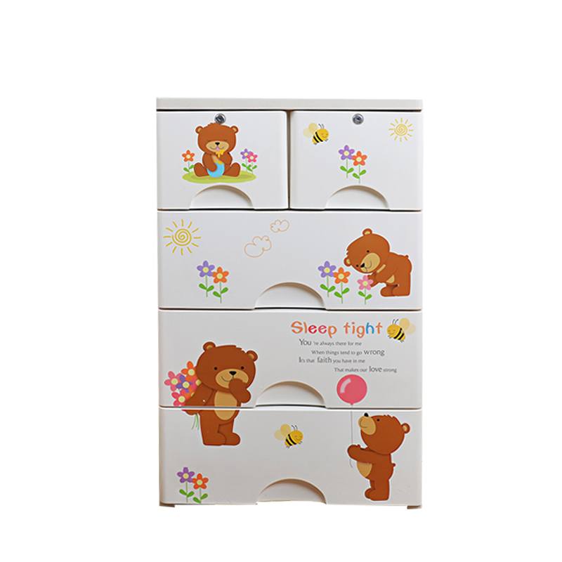 1264 Cute Cartoon Brown Bear Five Layers Baby Plastic Cabinet With Lock Wheels Storage Rack