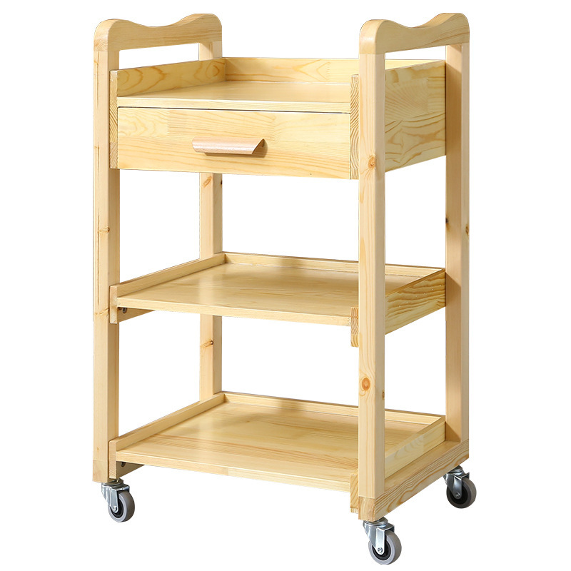 Solid Beauty Multifunctional Beauty Salon Three Layer Rack Tool Car Hairdressing Bamboo Wooden Kitchen Trolley With Drawer
