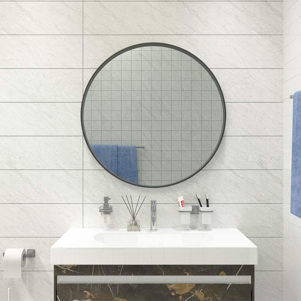 Guzex 26" LED Lighted Round Mirror Wall Mount Circle Illuminated Bathroom Vanity Mirror with Anti-Fog Demister Pad