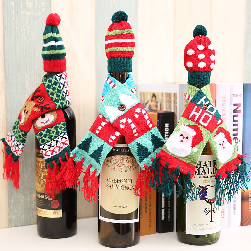 New Christmas Bottle Decoration Christmas Knit Scarf Hat Set Christmas Wine Bottle Decoration