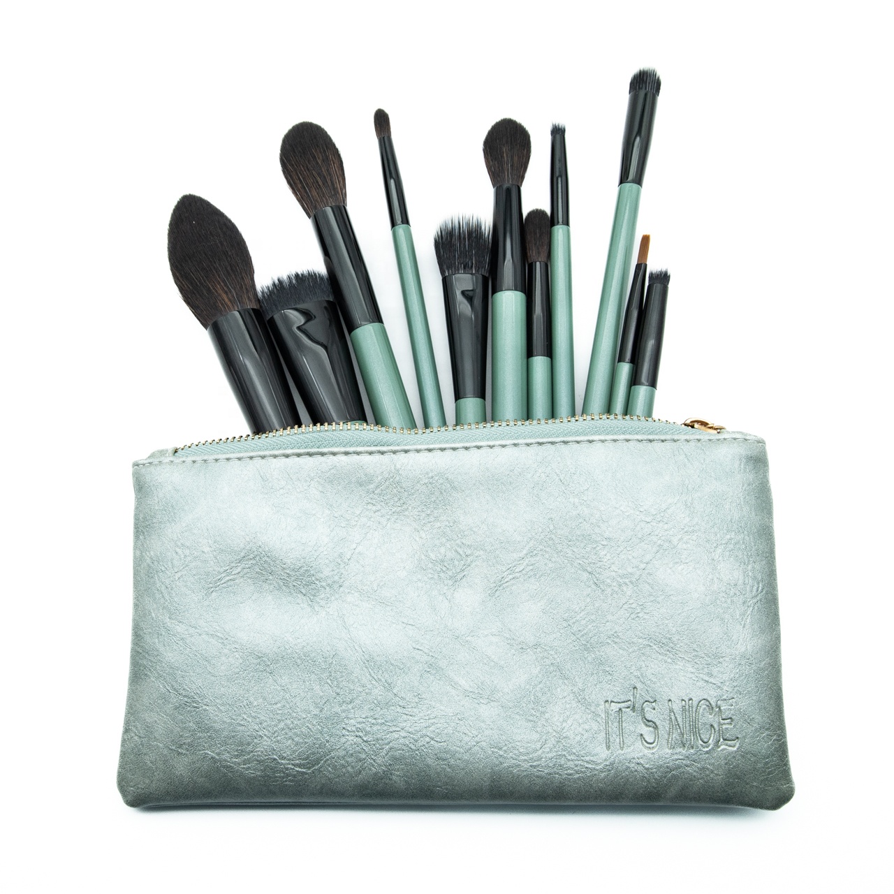 RTS High Quality 11-Piece Celadon Makeup Brush Set Synthetic Hair Wood Handle with PU Zipper Bag For Professional Face Makeup
