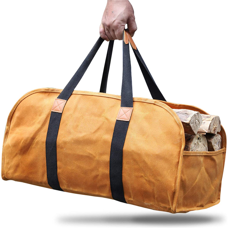 Custom Waxed Canvas Durable Fireplace Wood Holder Firewood Tote Bag zip log carrier bags