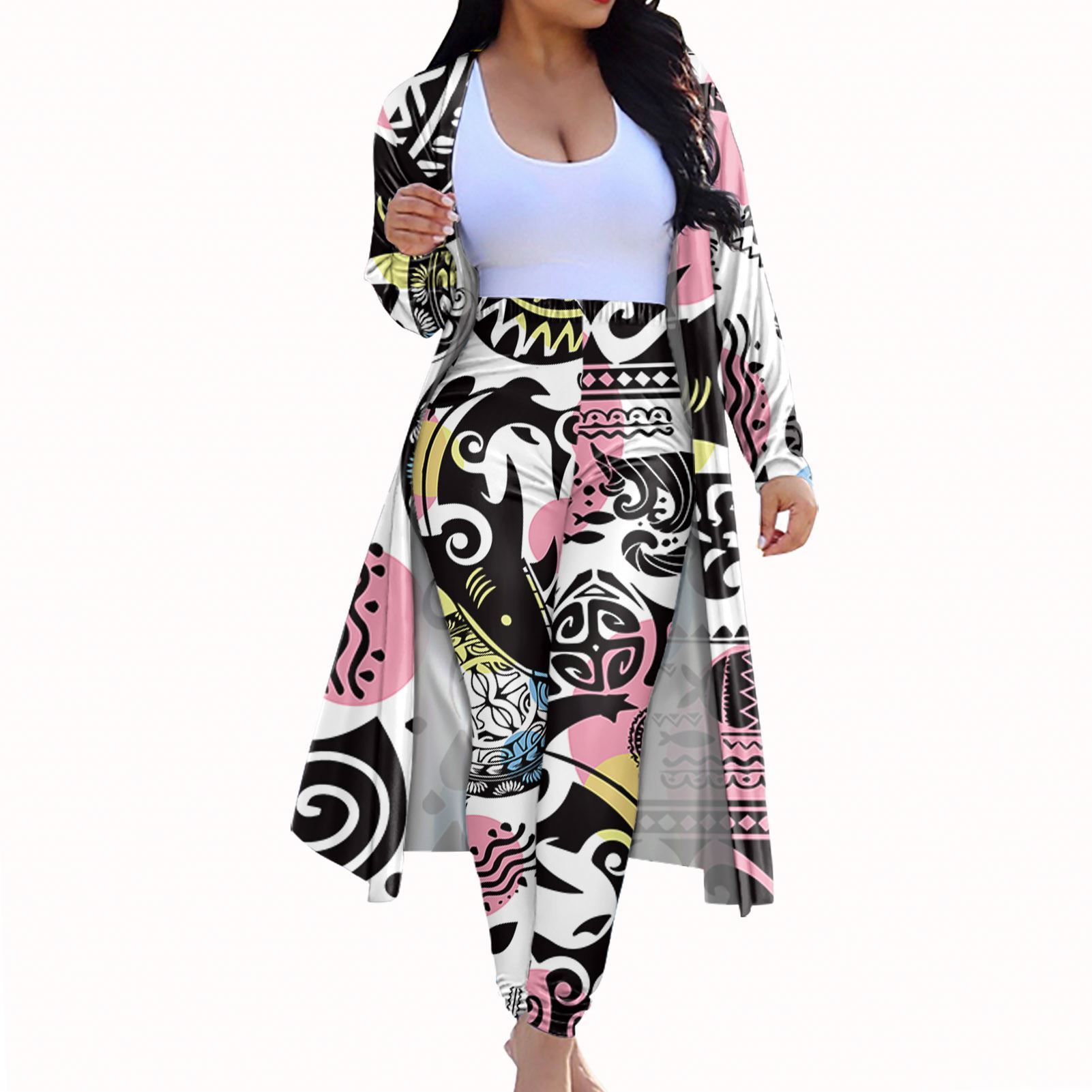Custom White Polynesian Tribal Design Samoan Maori Face Print Womens Outfits Cardigan Trench Coat & Skinny Long Pants Sweatsuit