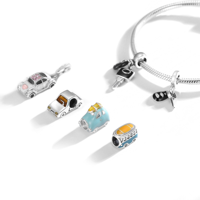 Jewelry Making Accessory Beads Wholesales S925 Sterling Silver Enamel Blue Car Bus Key Shaped DIY Loose Beads
