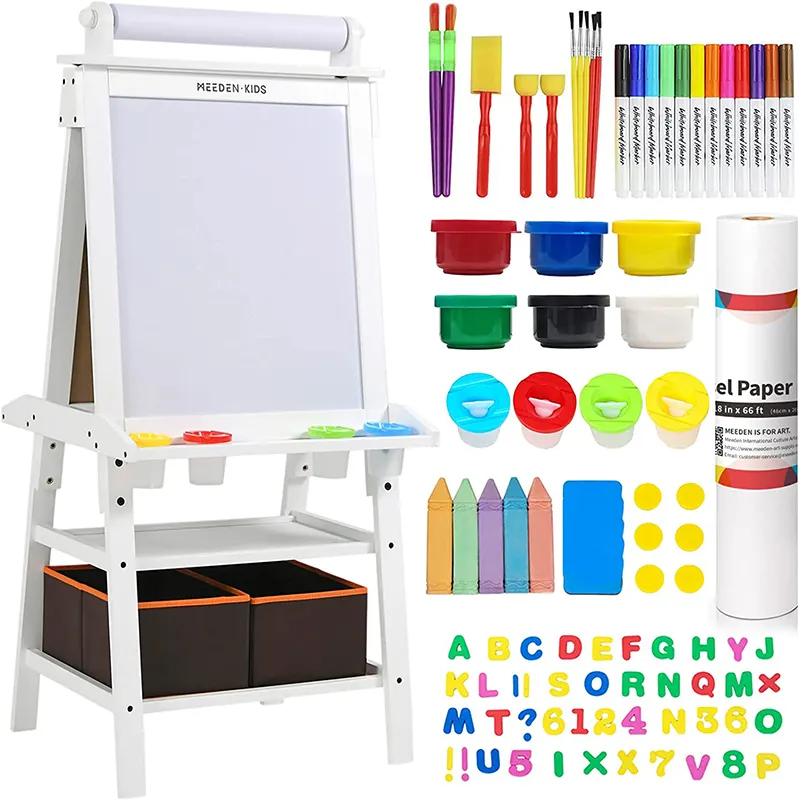 MEEDEN Solid Pine Wood Double-Sided Chalk Black   White Dry Erase Board with Paper Roll Kids Art Easel for Drawing