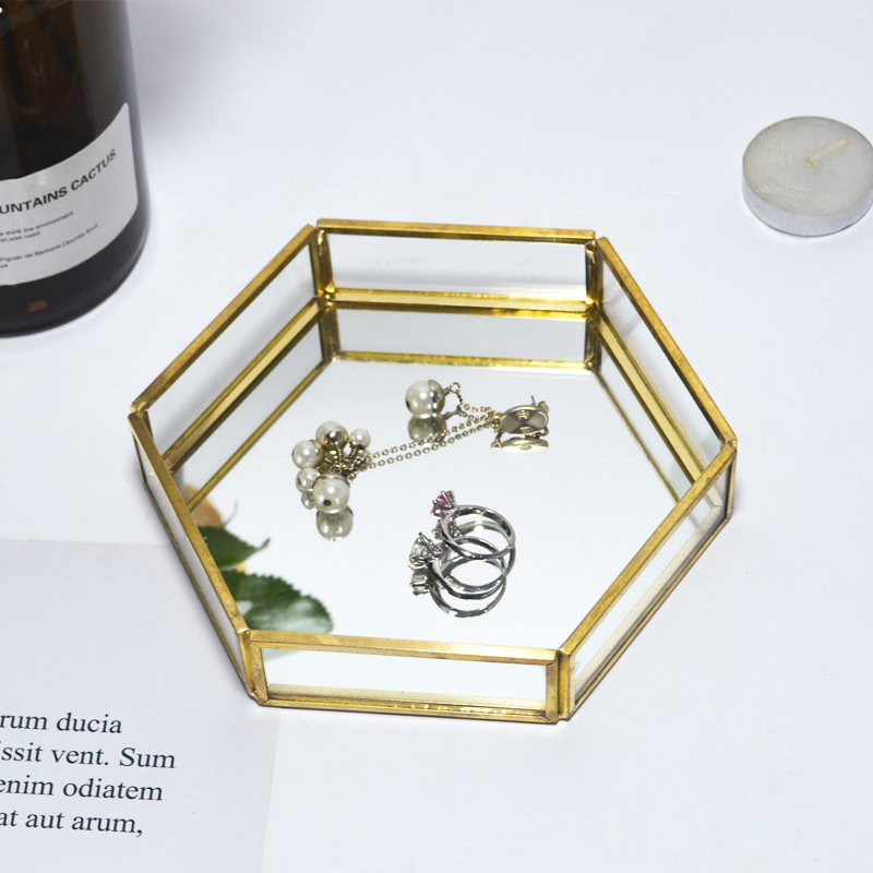 HOT Jewelry Perfume Home Decor Metal Hexagon Gold Glass Mirror Tray For Vanity Bathroom Dressing Table