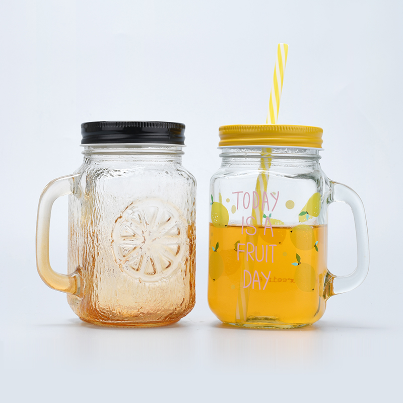 Empty Colorful Wide Mouth Glass Jar Cold Brew Bottle Mason 12oz 400ml 500ml Drinking Mug with Handle