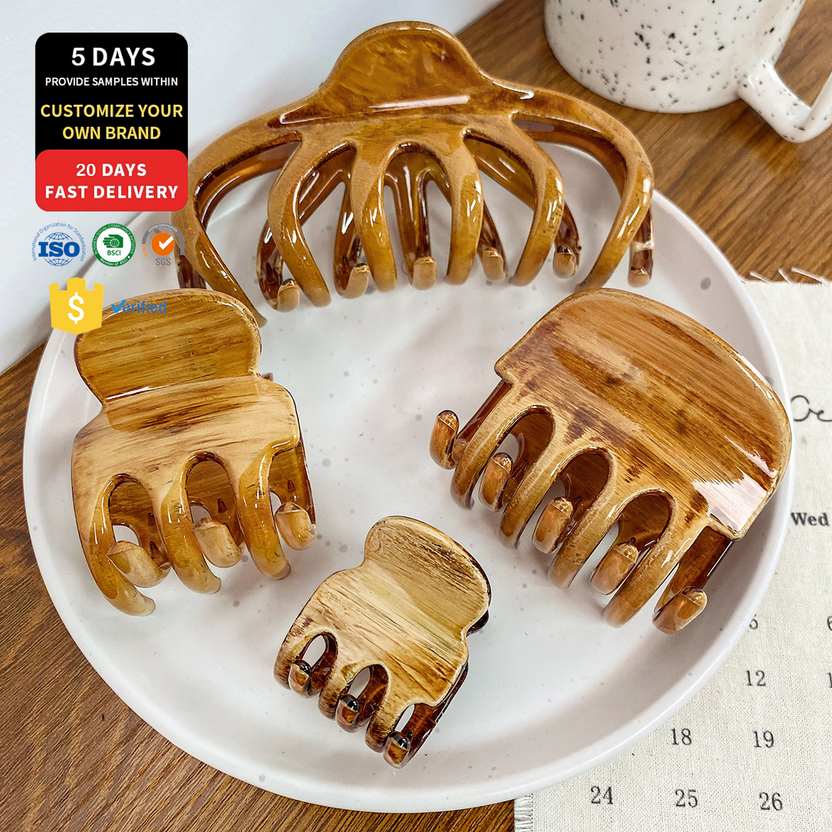 wholesale new trendy custom logo packaging fancy wooden hair claw clips for women