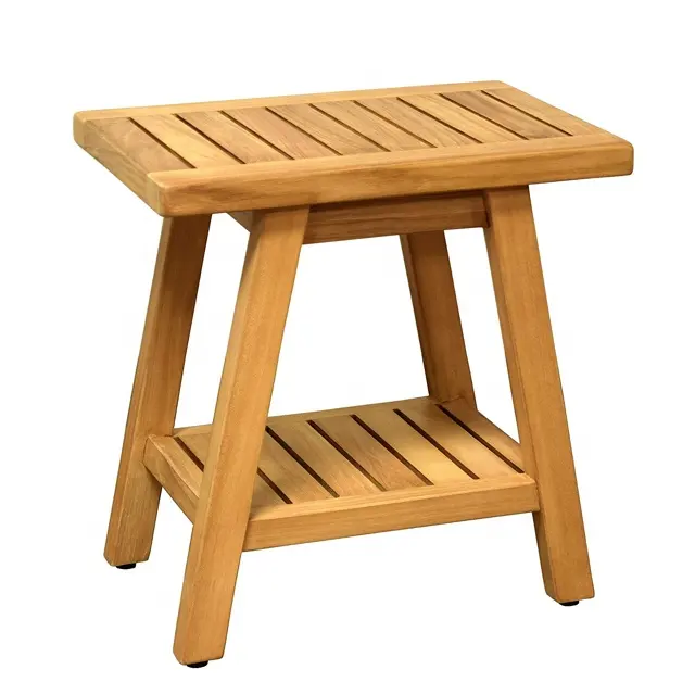 Country Solid Teak Indoor Outdoor Shower/Bath/Spa Stool Bench/Side Table with Bottom Shelf