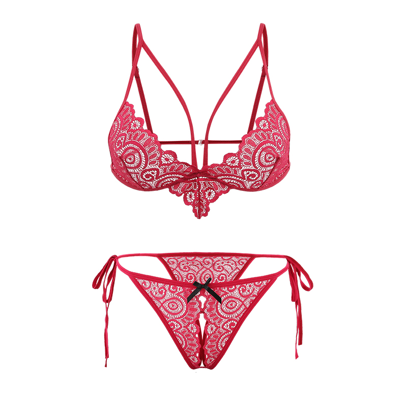 ladies hollow out floral red sexy lingeries panties and bra bralette set