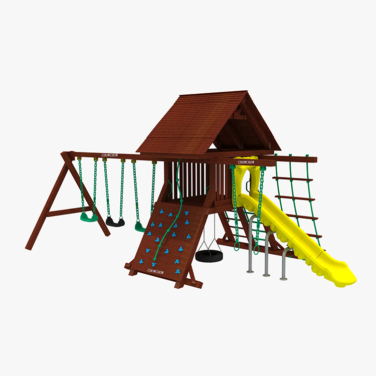 New design children outdoor wooden playground plastic swing and slide combination