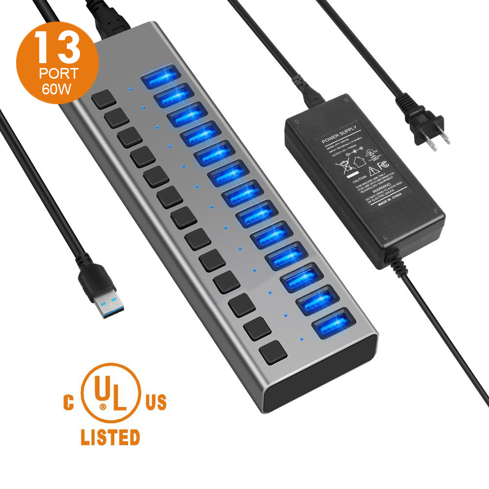 Оптовая продажа индивидуальных выключателями питания и светодиоды 13 порт USB 3,0 концентратор с включает в себя 60W 12V/5A адаптер питания