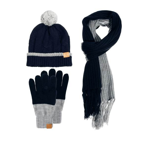 Classic diamond knit pattern tassel warm scarf mittens hat set