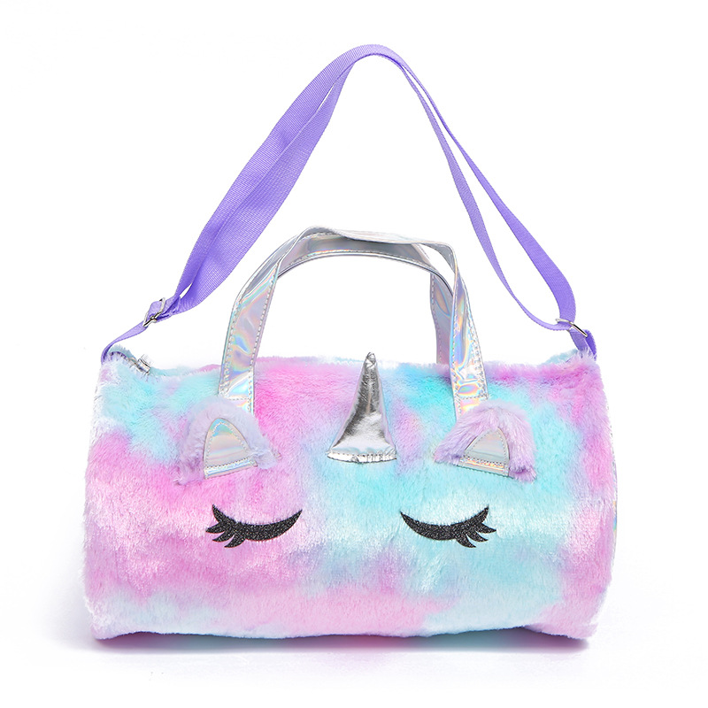 Kids Duffle Bag Leisure Cute Cartoon Stylish Rainbow Unicorn Purple PU Plush Handbag Duffel tote Bag Fur Travel Bags For Girls