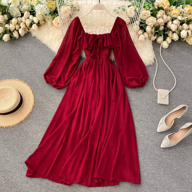 Vestido осень шикарные повседневные платья с длинными рукавами, для женщин, для девушек, элегантное, французский в ретро-стиле с квадратным вырезом с буффами на рукавах, длинное платье из шифона