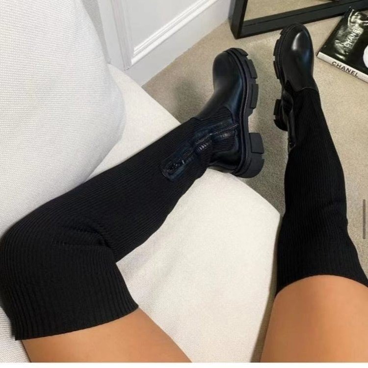 Fashion Winter Pure Solid Color Leather Knitted Over Knee High Heel Women High Leg Boots Shoes Women's Long Boots