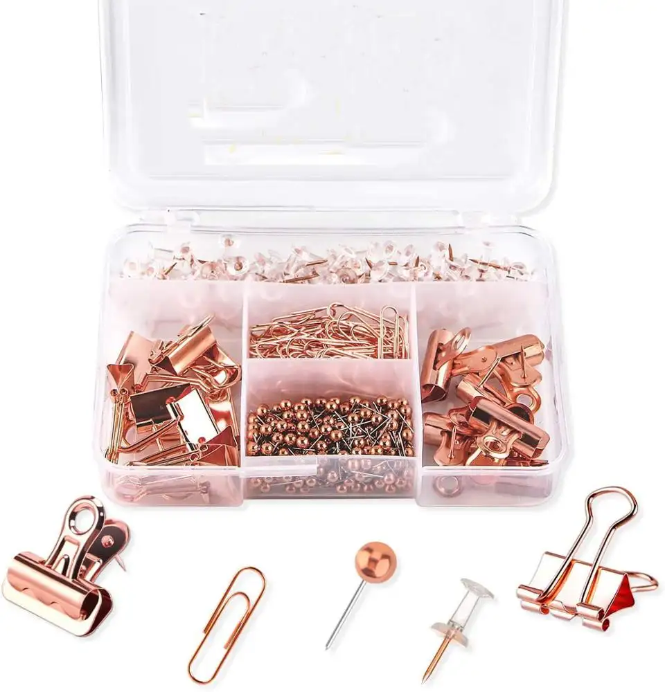 The high quality stationery set rose gold binder clips, paper clips,push pins with box for office, school