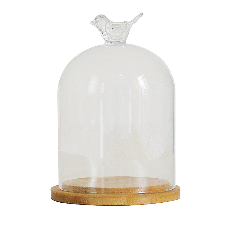 Customize Flower Round Glass Bell Jar Dome Cover With Wood Base