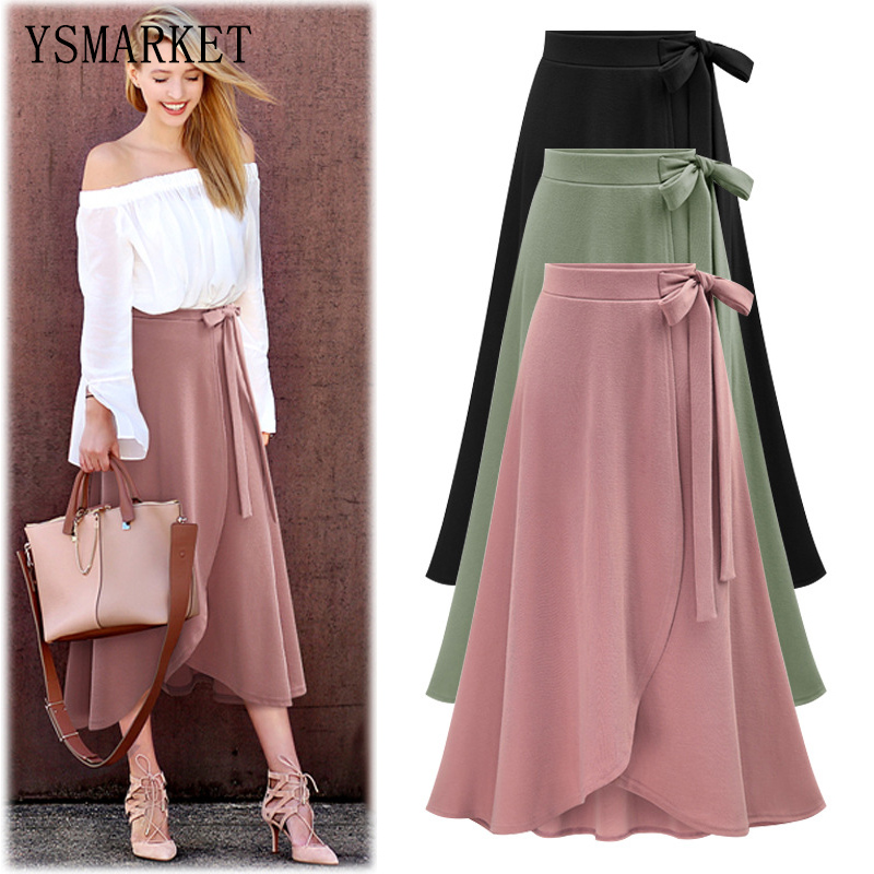 Vintage Slit Skirts Womens Long Skirt Ladies High Waist Summer Slim Casual Asymmetric Skirt Saia