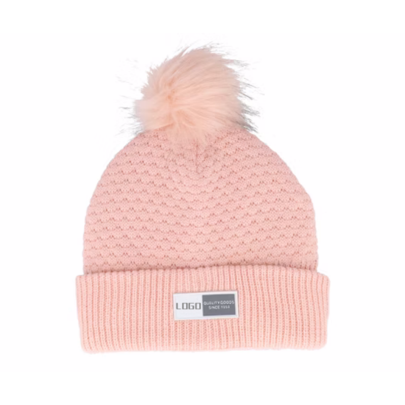 Customizable Pink Knitted Light Winter Hats For Kids & Women Warm Winter Cuff Beanies Pom Pom Custom Logo Design Beach Travel