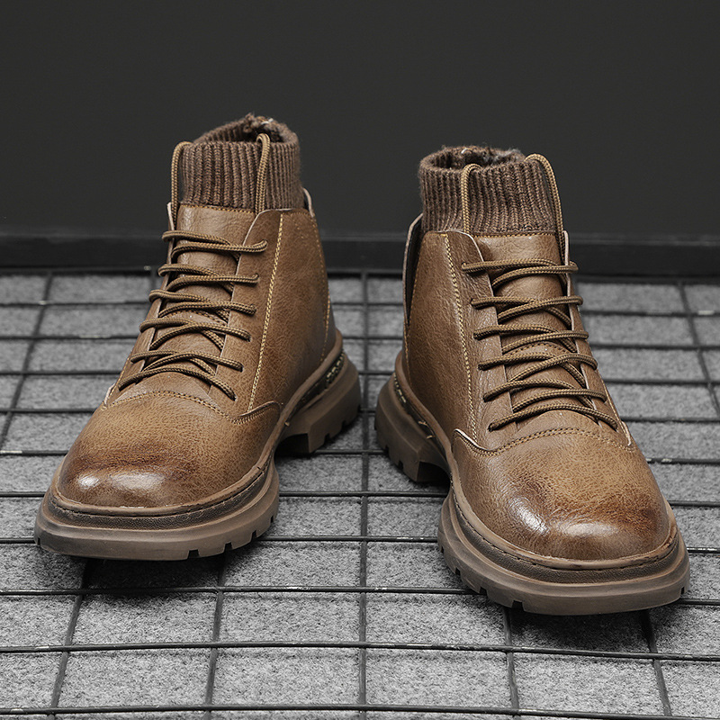 2021 New Korean Winter Warm Durable Thick-Heeled Outdoor Men Hiking Boots Work Casual Pu Men'S Shoes Lozenge Lace Up Boot