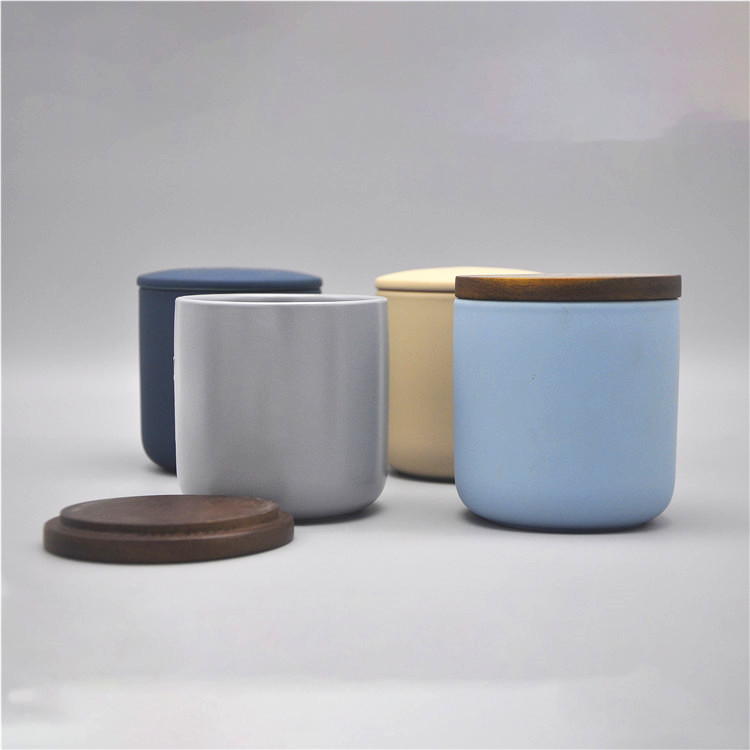 European style multi-colored empty wooden lid candle vessels ceramic matte candle jars in bulk