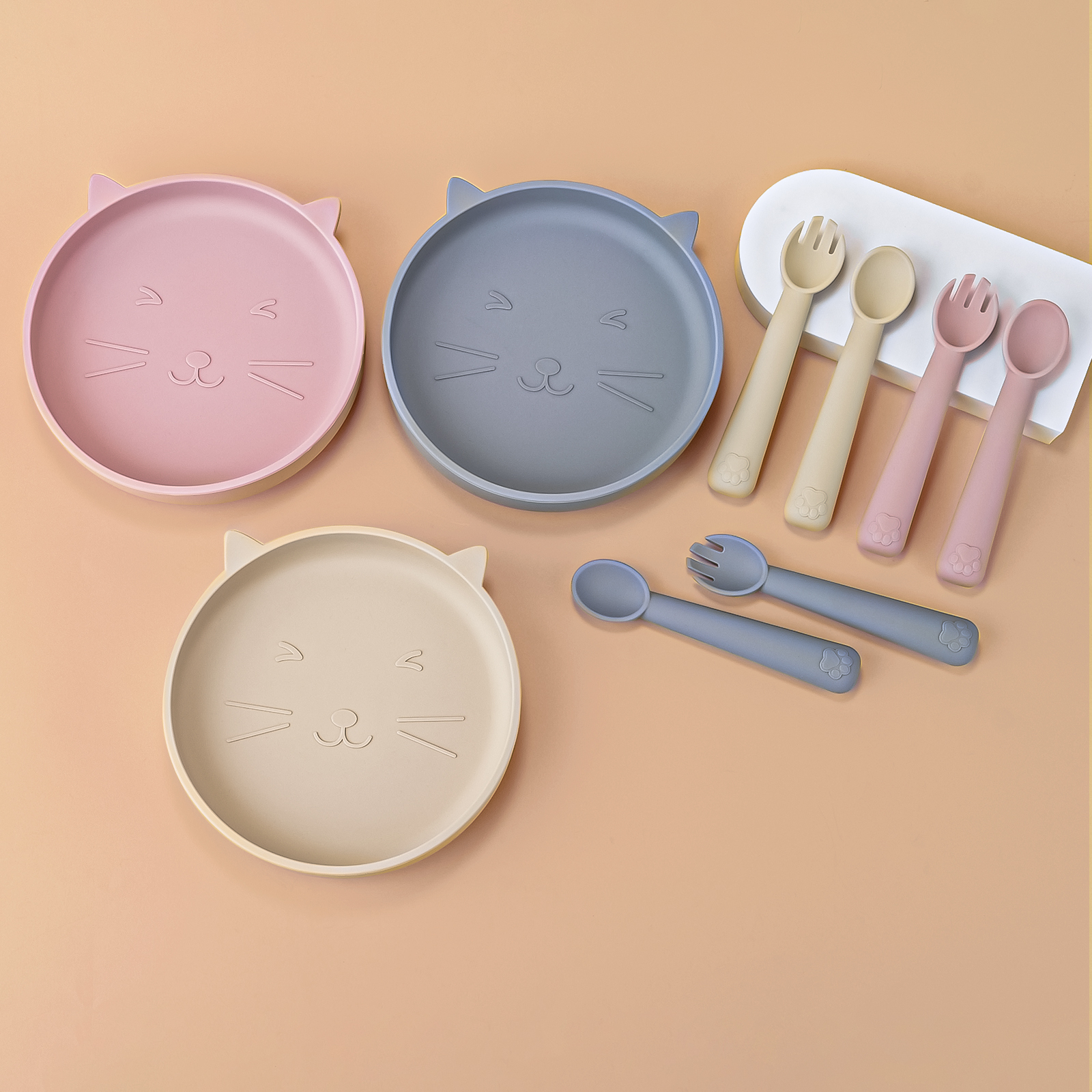 Soft Cute Animal Cat Shape Bpa Free Food Grade Silicone Plate Set Toddler Feeding Training Eating Baby Food Silicone Plate