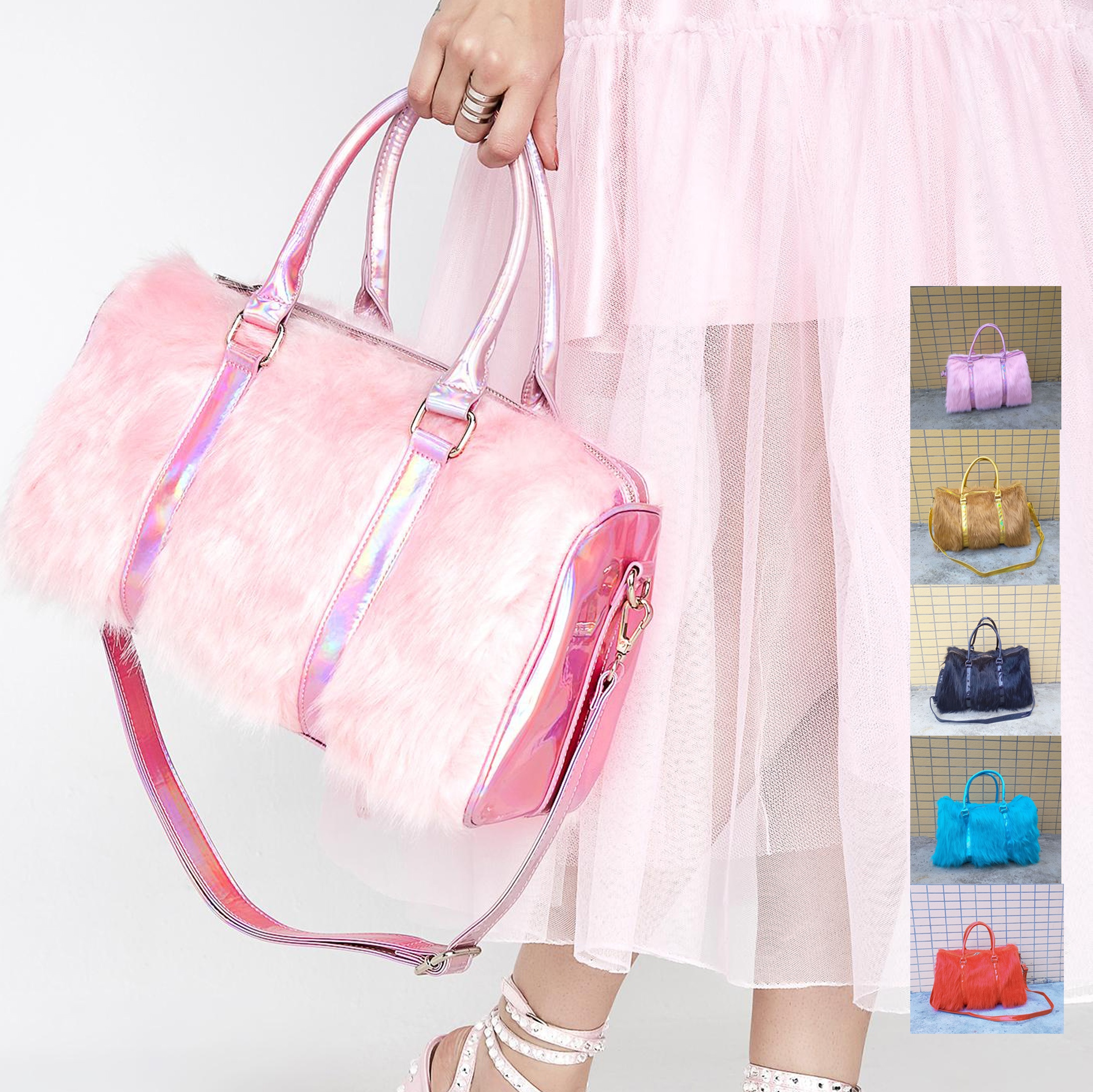 drop shopping pink blue laser Large Capacity Holiday pack travel Shoulder faux fur overnight weekender duffle bag women ladies