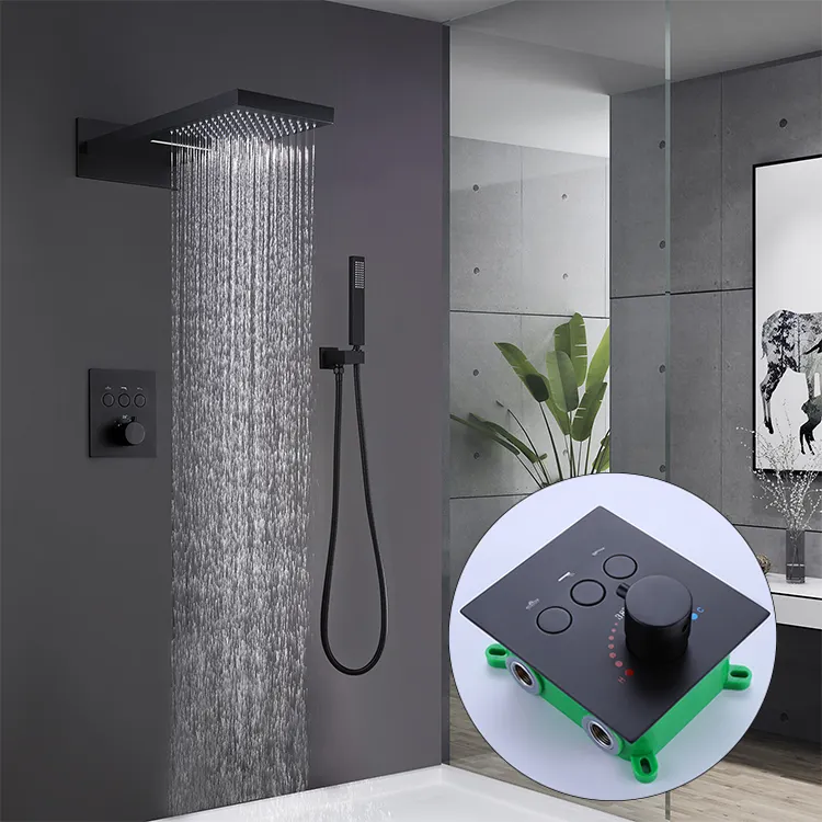Free shipping's items usa Matt black square shower head thermostat rain shower set bathroom fixtures shower thermostatic kit
