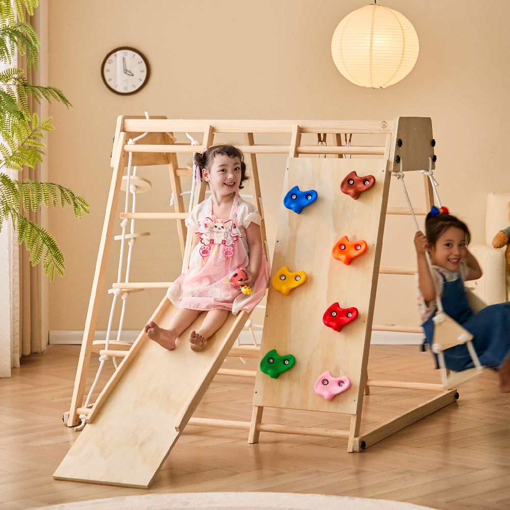 Montessori style wooden climber play set indoor climbing and slide play playground indoors