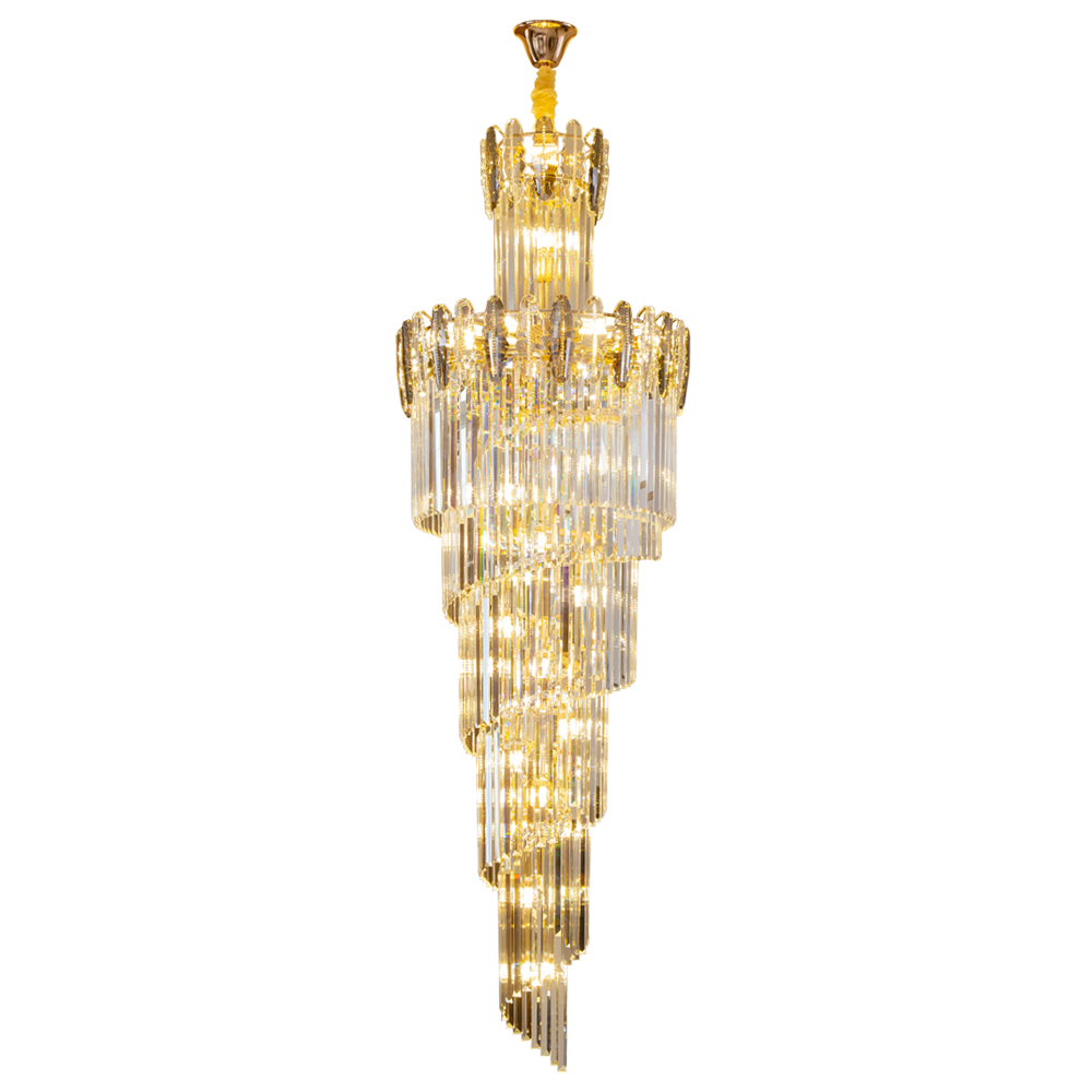 Hotel lobby staircase chandelier modern luxury gold large round stairwell stair lighting long crystal chandeliers pendant lights