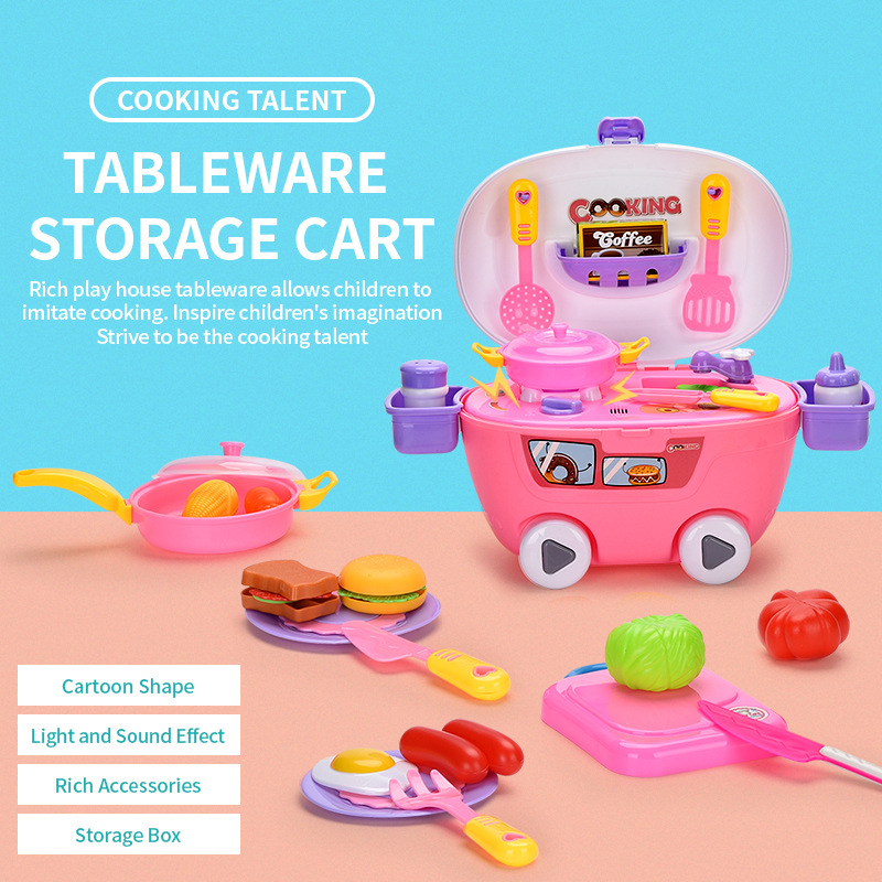 Plastic Pretend Play Kitchen Toys Set Role Play Food Cooking Tableware Kit Mini Storage Cart Toy with Music & Sound