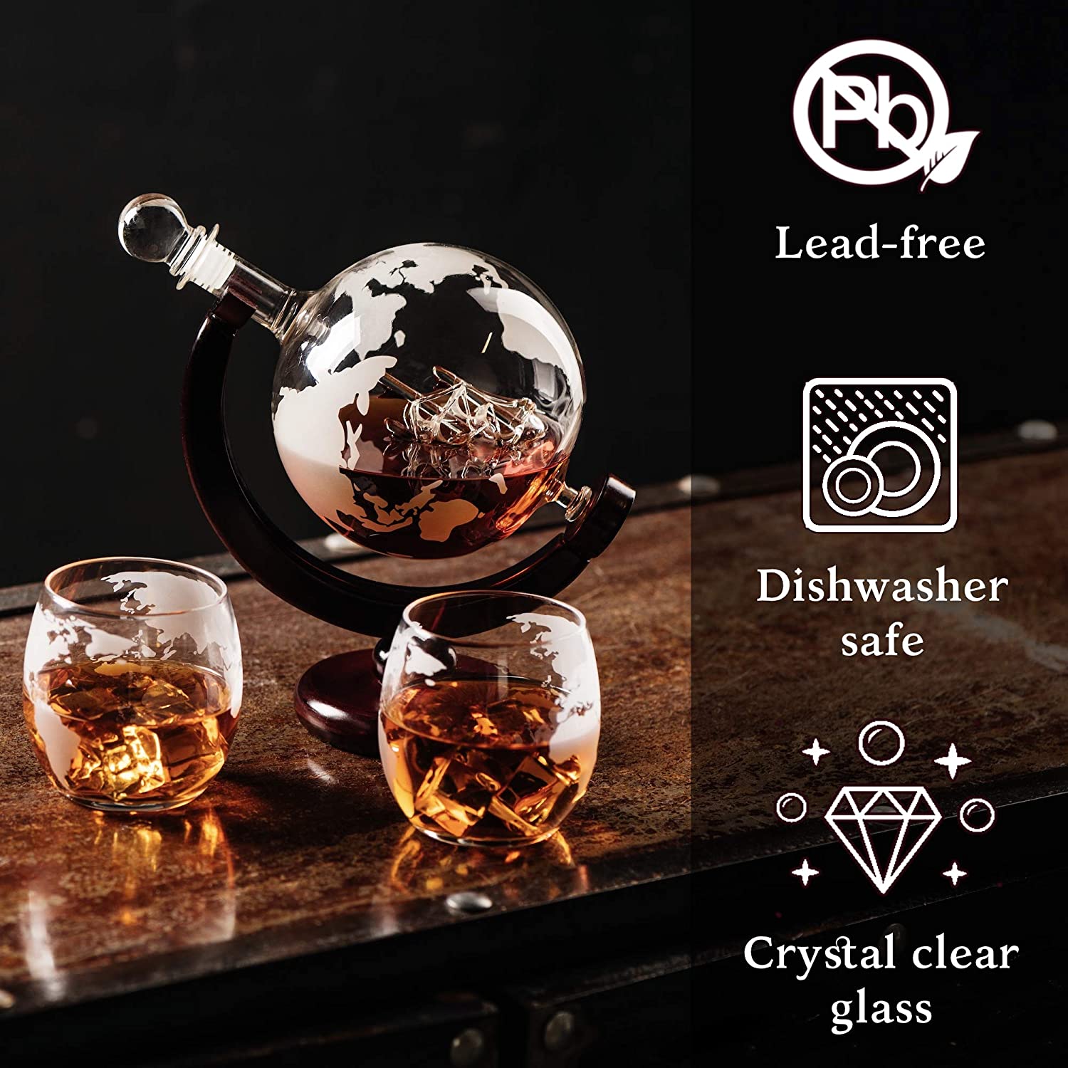 Hand Made Borosilicate liquid Etched Globe Decanter with 2 Whisky Cups Set