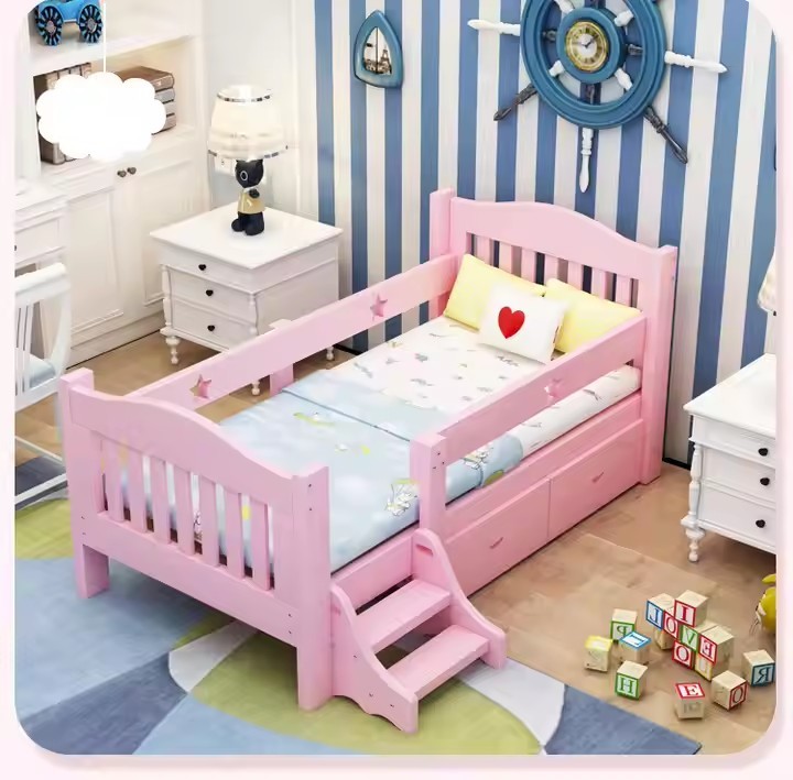 Wood Bed Frame Children Kids Cot Bed Safety Widening Stitching Baby Bed