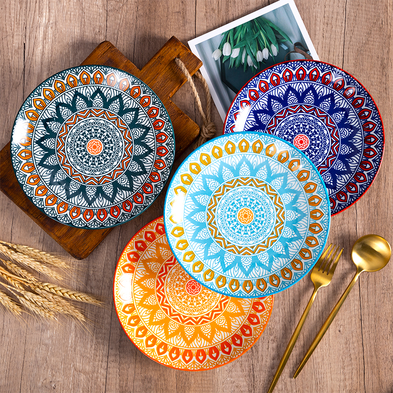 Ceramic plate Bohemian style hand painted underglaze color 8 "deep dish baking tray Western dining plate household cutlery set