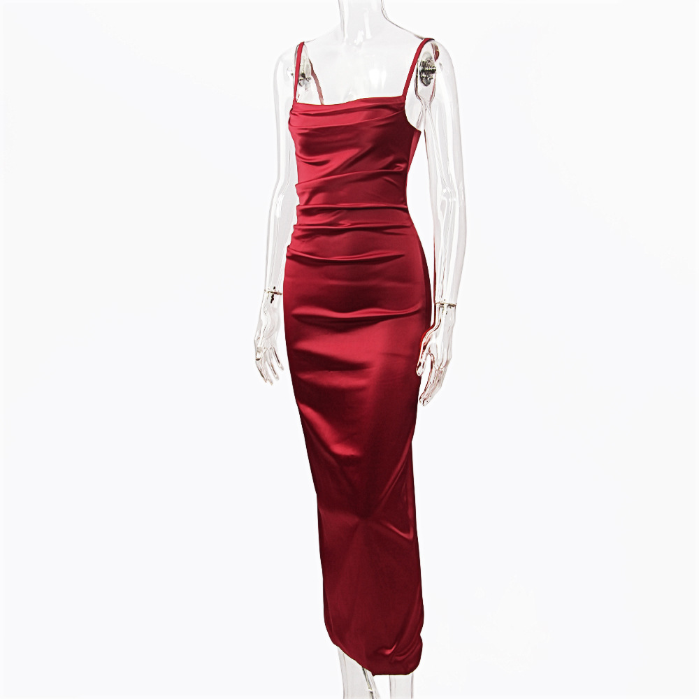 Women's elegant red spaghetti strap midi dress sexy bodycon slim cocktail dress