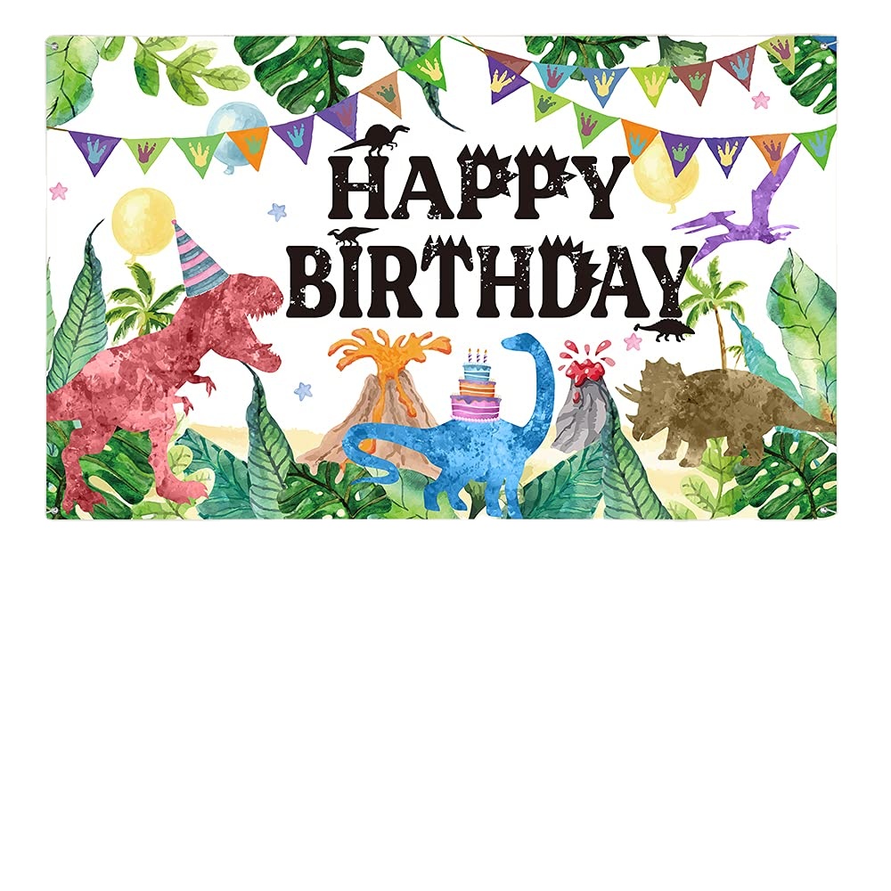 Watercolor Dinosaur Backdrop Jungle Theme Happy Birthday Photography Background for Boy Girl Kid Adult Indoor Outdoor Decoration