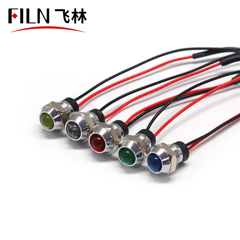 FILN short body shell 8mm single color red yellow white panel indicator light with 20cm wires 12V IP67 waterproof signal light