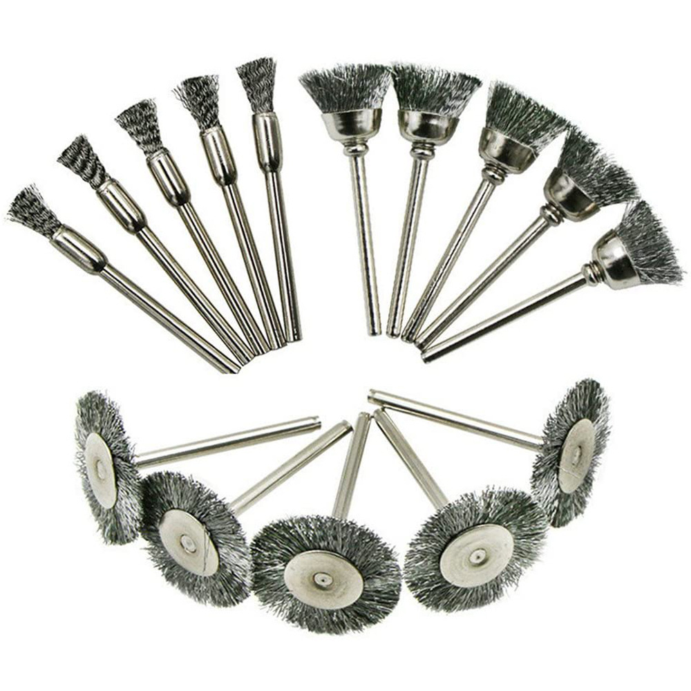 Steel Wire Wheel Brush Set with Handle -15 Pieces Steel Cup Brush Polishing Tool Set Rotating Tool Grinding Tool Accessory Set